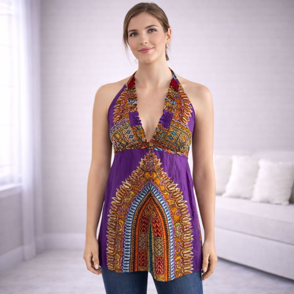Varisa Beaded Retro Halter Tunic Top
